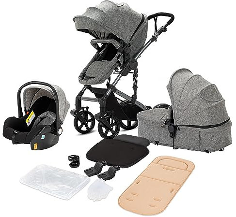 NADDLILY Kinderwagen 3 in 1, Buggy mit Umkehrbarem Zwei-Wege-Schub, Kombikinderwagen mit Faltbarem Tragbarem One-Click-Design, Kinderwagen 3 in 1 Komplettset mit Zubehör (588 Grey)