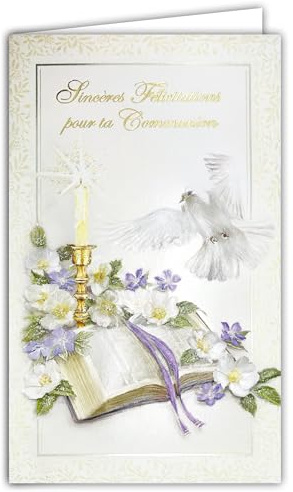 19-642 Carte Porte-Billet avec Enveloppe Sincères Félicitations pour ta Communion Garçon Fille Chrétien(ne) Catholique Bible ouverte Cierge Bougie Colombe Fleurs Illustration - Fabriqué en Europe