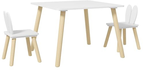 AIYAPLAY Set Tavolo e 2 Sedie per Bambini 3-6 Anni, Tavolo per Bambini e Sedie con Schienale a Orecchie di Coniglio, Bianco