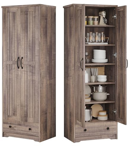 Decofy 70 Tall Storage Cabinets, Large Wood Storage Pantry Cabinet with 6 Adjustable Shelves, 2 Striped Doors & Drawer, Standing Utility Cabinet for Kitchen, Bathroom, Dining Room, Antique (Brown)