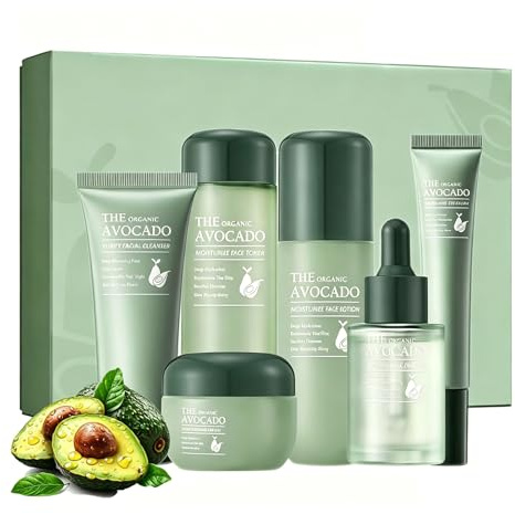 6 stycken Avokado fuktgivande set, anti-aging hudvård gåva | Ansiktsrengöring, toner, lotion, serum, kräm, ögonkräm, hudvänlig, lätt absorberande