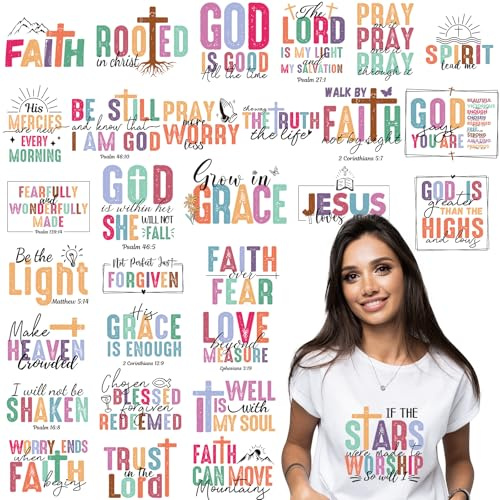 Eiapadeor Christian Iron on Transfers Stickers - 30 Pcs Bible Verse Iron on Patches for T-Shirts Colorful Dtf Transfers Ready to Press Heat Transfer Vinyl Decals for Clothes Bag Pillow Fabric Decor
