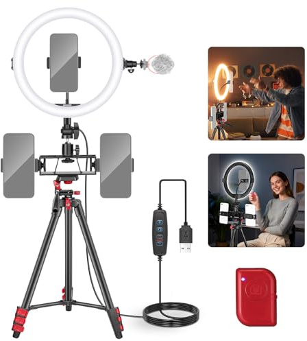 NEEWER BASICS 10 Selfie Ring Light con Treppiede/3 Porta Telefono Compatibile con iPhone/3 Cold Shoe/Telecomando, Luce Ringlight LED per Registrazione Video Vlog YouTube TikTok Trucco Streaming, R11