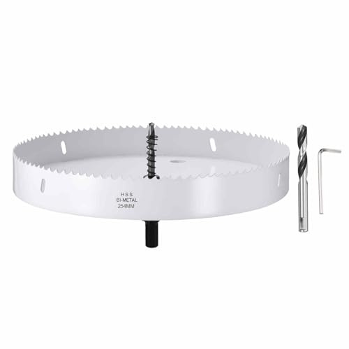 CoCud Sierra Perforadora Bimetálica 254mm, M42 Sierra Taladro con Llave Hexagonal, Punta Guía y Resorte para Taladrar para Chapa Metálica, Tablero de Madera, Acero Inoxidable, Blanco