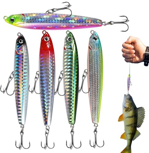 YRTUOP Leurre Stick Plongeant - Leurre Nageur Dur en Forme De Crayon en 5 Couleurs,avec Petits Hameçons Et Lancer Long pour Truite Bar en Lac Rivière Étang Bateau Kayak Rive pour Pêche en Eau