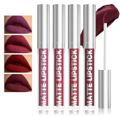 Matte Lip Gloss Set, 4 PCS Purple Dark Red Lipsticks, Waterproof Non-stick Cup Full-Coverage Highly Pigmented Liquid Lipstick Kit, Tinted Lip Balm for Women Make Up Gift
