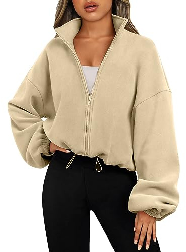 AMDOLE Fleece Jacket Women Womens Drawstring Hem Long Sleeve Crop Oversized Sweatshirt Tops Full Zip Fleece Short Jacket with Pockets S to XXL Khaki S