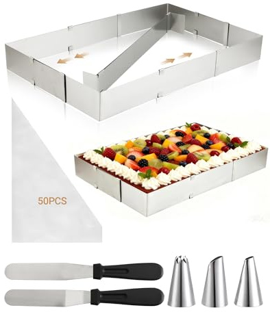 Cornice per dolci rettangolare regolabile, Stampo torta rettangolare in acciaio inox, stampi per dolci con divisorio, spatola, sac à poche e beccucci, anello per torte rettangolare per dolci e dessert