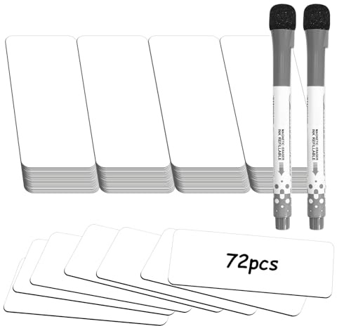 72 stycken skrivbara magnetremsor 80 x 30mm Magnetskyltar för märkning Magnetiska etiketter återanvändbara inkl. 2 markörer Magnetetiketter för whiteboard, kylskåp, magnettavlor