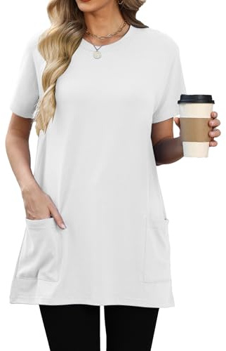 Famulily Women’s Lightweight Long Tunics Crew Neck Casual Tops Solid Color Short Sleeve T Shirt Working Outfits White XL