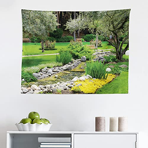 Ambesonne Garden Tapestry, Japanese Park Style Recreational View with Pond Grass Stones and Trees Landscape Print, Fabric Wall Hanging Decor for Bedroom Living Room Dorm, 28 X 23, Green