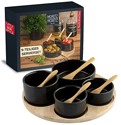 Moritz & Moritz 4x Schwarze Dipschalen Set mit Brett Holz - Dip Schälchen für Snacks - Snack Schalen Set Keramik - Dip Schalen Set - Kleine Schüsseln als Saucenschälchen, Snackschalen, Dessertschalen