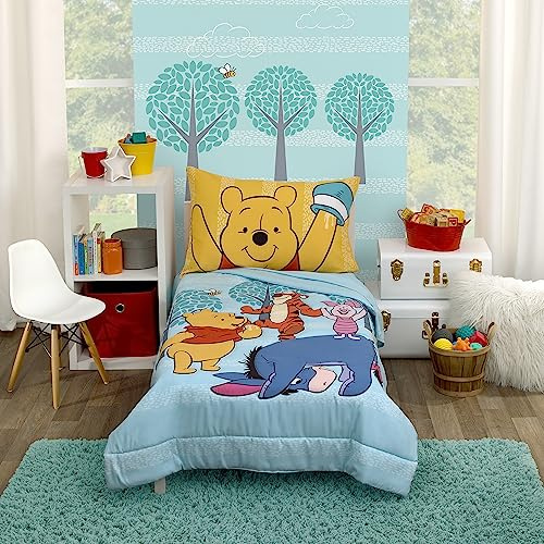 Disney Winnie Puuh Funny Friends Aqua, Gold, Blau und Orange, Tigger, I-Aah und Ferkel, 4-teiliges Kleinkind-Bettwäsche-Set – Bettdecke, Spannbetttuch, Bettlaken und wendbarer Kissenbezug