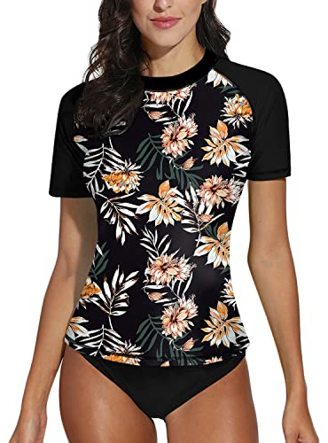 BesserBay Dame Kurz äRmel Schutzkleidung Surfen Mit Kokospalme Muster Badeanzug Sonnenschutz UPF 50+ A3 M