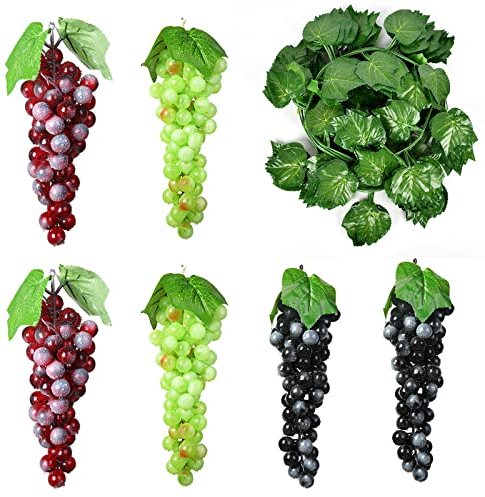6 Stück Künstliche Weintrauben + 1 Anlagen Girlande Rebe, Deko Kunststoff Weintrauben, für Wein dekor Faux Obst Requisiten, Feier Hochzeit Garten Büro (3 Farben), Morlight061, 17cm/6.69in