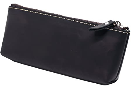 BAWAKO Astuccio per matite in pelle di alta qualità, con chiusura a cerniera, elegante astuccio per adulti e studenti, astuccio per trucco, Nero , H8