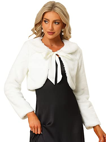 Allegra K Women's Faux Fur Bolero Shrug Crop Jacket Evening Bow Tie Front Fluffy Coat Large White