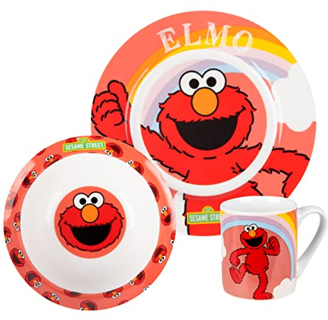 United Labels Elmo - Juego de desayuno infantil con Elmo, vajilla de porcelana, 3 piezas, con plato, cuenco y taza, apto para lavavajillas y microondas