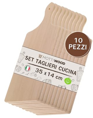 Set 10 Taglieri da Cucina con Manico, 100% Legno Faggio, Perfetto per Tagliare e Servire, Dimensioni 35x14x1hcm, Alta Resistenza, 10 Taglieri, Made in Italy