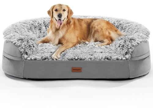iweepet 3.7 inch Thickened Orthopedic Dog Beds for Large & Extra Large Dogs, Fluffy Claiming Dog Sofa Bed with Supportive 28D Egg-Crate Foam, Removable Washable Cover, Waterproof Lining, 44‘’,Grey