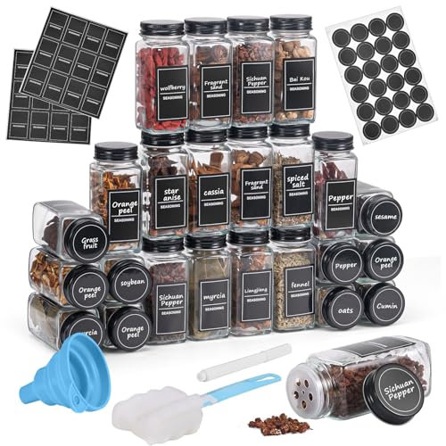 Pots à épices en verre, ensemble de 24 pièces, bouteilles à épices étiquetées de 120 ml, boite epices cuisine,avec brosse, entonnoir, trois trous d'évacuation, pot de conservation hermétique (noir)