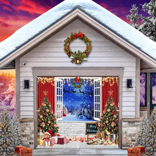 Toile de fond pour porte de garage de Noël, bannière de couverture de porte de garage, fenêtre, forêt enneigée, Père Noël, arbre de Noël, décoration de porte de garage simple, décorations de vacances