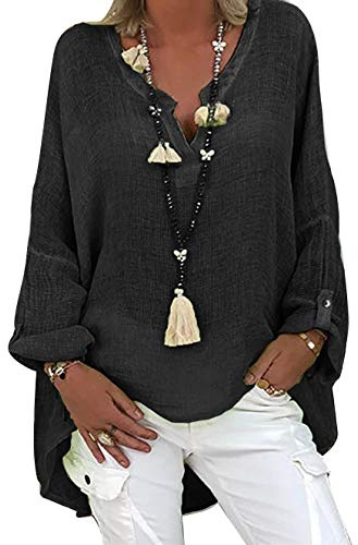 Tincini Chemisier Femme Tunique Femme Chic d'été Top en Lin pour Haut Col en V Grande élégant Chemise à Manches Longues en Lin et Coton Chemise imprimée (Noir, XXL)