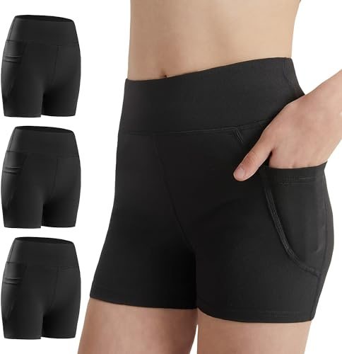 DIPUG Girls Volleyball Shorts 3 Pack with Pockets Kids High Waist Biker Shorts for Dance Yoga Cheer Gymnastics 10-12 Black