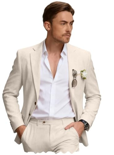 Retro Linen Mens Suit 2 Pieces Light Weight Linen Suit Summer Slim Fit Suits Tuxedo Jacket Blazer Pant for Men Beige M