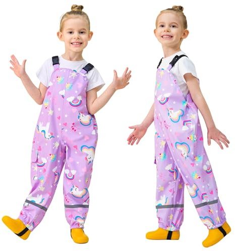 Baogaier Kids Rain Trousers Girls Waterproof Bib Overalls Rain Dungarees Mud Dirty Proof Pants with Reflective Strip Outdoor Lightweight Play Cycling Rainwear for 5-6 Years, Purple Horse