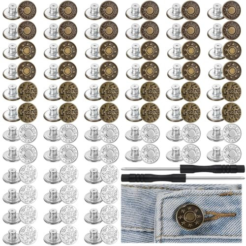BOHUIZ 60 Sets Jeansknöpfe zum Schrauben, 17mm Jeansknopf Jeans Knopf Ohne Nähen mit 2 Schraubendreher Hosenknöpf ür DIY Jeansknopf zur Reparatur von Jeans Hose
