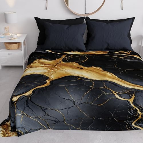 PETTI ARTIGIANI ITALIANI - Colcha Cama (220x250 cm) Microfibra, Primavera Verano, Colchas Bouti Modernas, Cubrecama Ligero Doble, Individual y Media, Mármol Oro Negro 100% Made in Italy