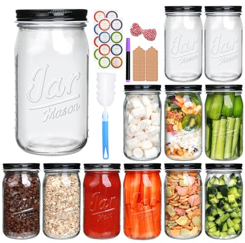 QAPPDA Wide Mouth Mason Jars 32 oz 12 Pack, Large Glass Jars Canning Jar with Lids for Pickling, Storage Food, Meal Prep, Jams, and Spices