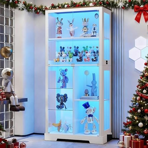 71″ Glass Display Cabinets with Human Sensor 3-Color Lights for Study,White