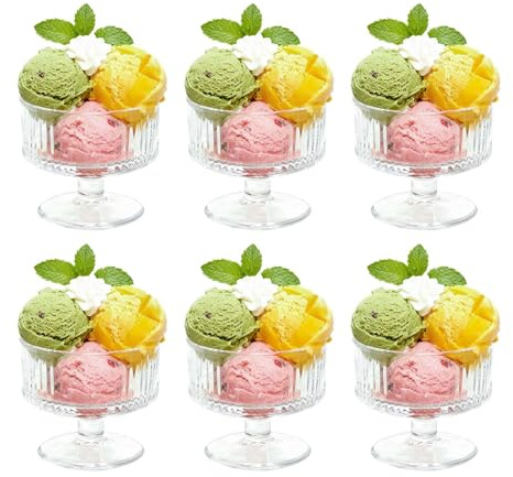 MYKAGS 6 PCS Vintage Glass Dessert Bowl Ice Cream Cup, 6 Ounce Retro Glass Bowls Parfait Cups Perfect for Ice Cream Desserts Fruits Puddings Snacks and Condiments, Ideal for Parties and Entertaining