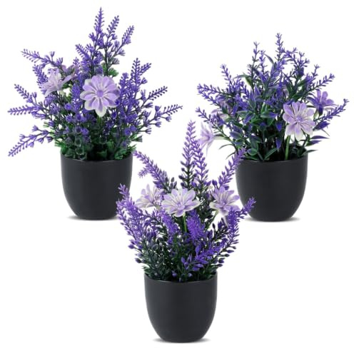 3 st konstgjorda lavendelplantor i kruka – dekoration | Naturtrogna små blommor i plastkruka – perfekta för sovrum, vardagsrum, badrum och kontor.