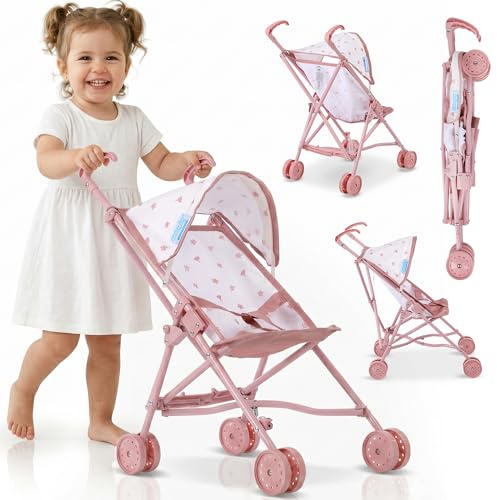 Cochecito de muñeca Kinderplay de aluminio ligero, cochecito plegable para muñecas con cinturón de seguridad y ruedas dobles silenciosas, para muñecas de hasta 46 cm, altura del mango 54 cm, a partir