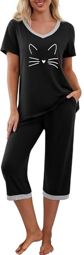 PrinStory Set pigiama da donna a maniche corte con maglietta e pantaloni capri, abbigliamento da casa con tasche, Faccia di gatto nero, XL
