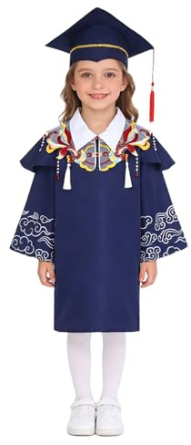 Mufeng Kindergarten flicka barn 3-delat set klänning och kappa med blommig hatt diplomkostym ceremoni