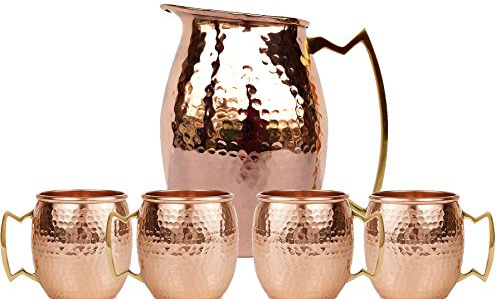 Rastogi Handicrafts Pure Copper Hammered Jug *NEW* Copper Moscow Mule Water Pitcher Heavy Gauge Pure Solid Hammered with Set of 4 Beer Wine Mug