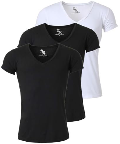 Young & Rich Herren Uni T-Shirt mit extra tiefem V-Ausschnitt Slimfit Stretch Dehnbare Passform einfarbiges Basic Shirt - 3er Pack, Grösse:XL, Farbe:2 x Schwarz / 1 x Weiß