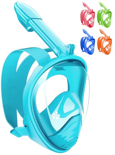HINATAA Máscara de Buceo para Niños, 180 °Máscara de Snorkel de Cara Completa Infantil, Anti-vaho Anti-Fuga Máscara de Gafas Compatible con Cámara, Adecuado para Niños de 4 a 12 Años(Verde Azul)