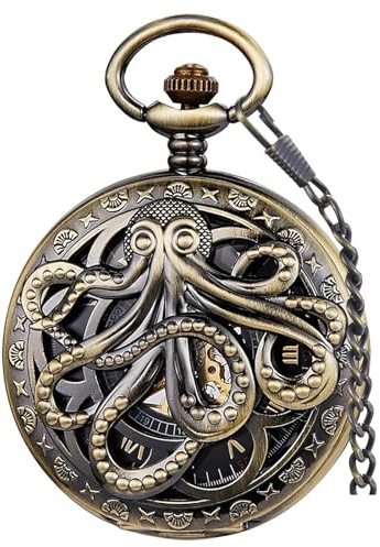 Tiong Einzigartige Octopus Hohl Mechanische Taschenuhren mit Kette Steampunk Hand Wind Roman Ziffer Fob Skelett Taschenuhr