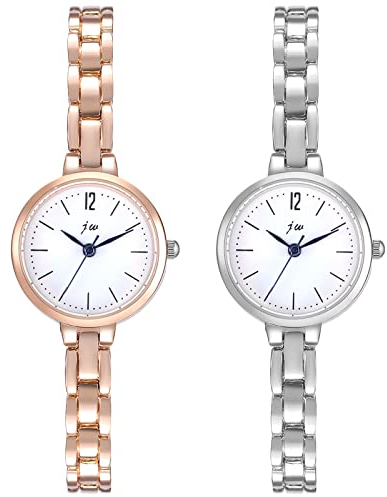 JewelryWe 2pcs Damenuhr Elegant Analog Quarz Armbanduhr Damen Klein Einfach Business Casual Uhr mit Metall-Armband Rosegold/Silber