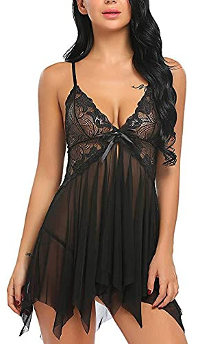 HSAJS Pigiama Sexydonna Sottoveste con Spalline Regolabili Vestito da Notte Asimmetrico Pizzo Floreale Abbigliamento Notte Elegante Camicia da Notte Trasparente Lingerie Hot