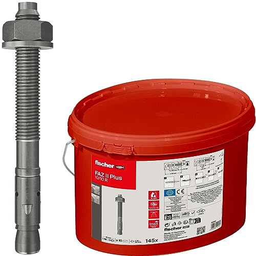 fischer Bolzenanker FAZ II Plus 10/10 R im Eimer, Schwerlastanker mit hoher Tragfähigkeit, 145 Ankerbolzen für Befestigung schwerer Lasten & Stahlkonstruktionen, Edelstahl, Seismik- & ETA-Zulassung