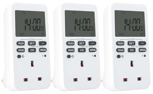 3 Pack Digital Safety Timer Plug and Socket Programmable On/Off Timer，10 on/off program with 1 minute setting，Weekly digital timer with big LCD and backlight，13A,3120W
