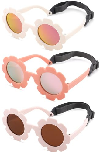 GLARDEFE Polarized Baby Sunglasses with Strap - Unbreakable Infant Flowers Sunglasses for Newborn Girls Boys Age 0-12 Months(White/Red Mirror + Pink/Pink Mirror + Beige/Brown)