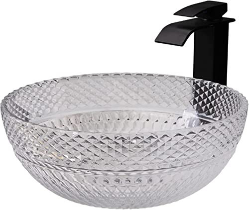 SnamicE Countertop Sink Vanity Round Transparent Hand Wash Basin Washplace 12MM Thickness Countertop Sink Wash Bowl with Waterfall Faucet, Pop Up Drain,