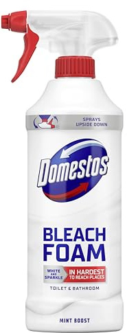 Domestos Mint Boost Bleach Foam sprays upside down for a sparkling clean even in the hardest-to-reach places 450 ml